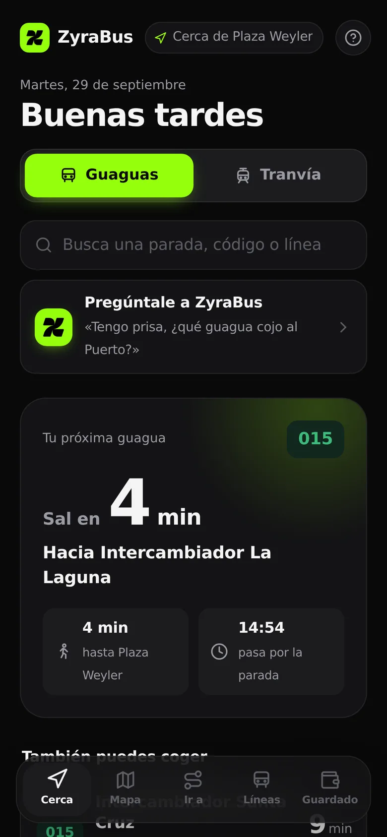 ZyraBus home screen with upcoming departures